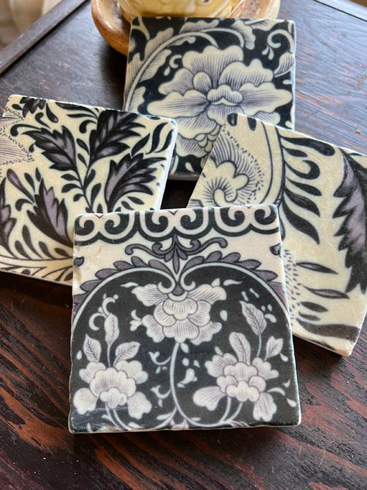 Ivory and Black Floral stone coaster