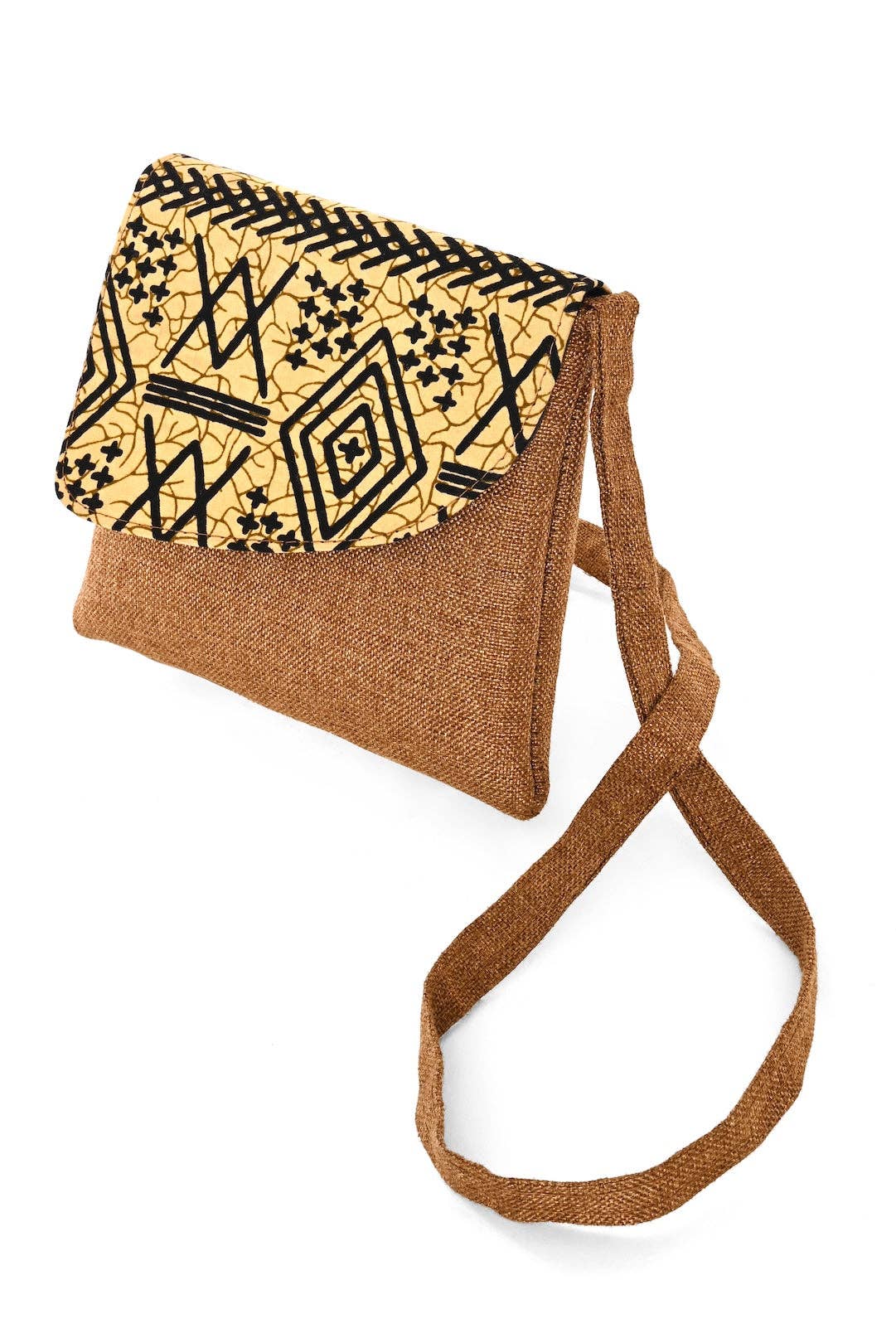 Brown Jute & African Print Crossbody Bag