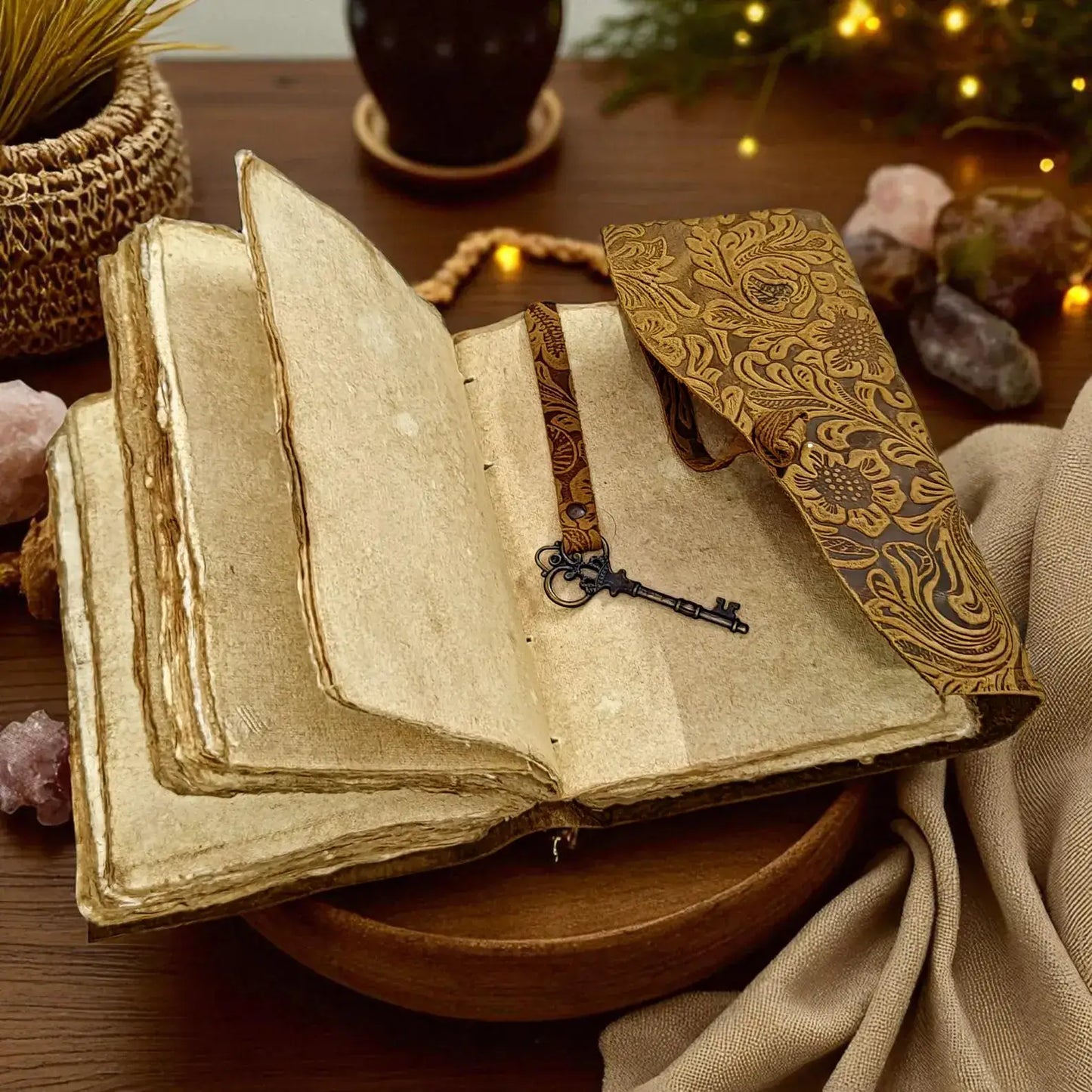 Floral Leather Journal with Key | Deckle Edge Travel Book: Brown