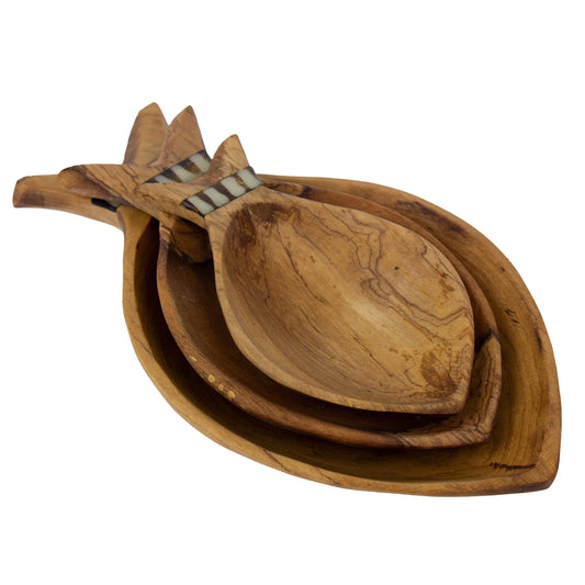 Fish Design Nested Olive Wood Bowls,