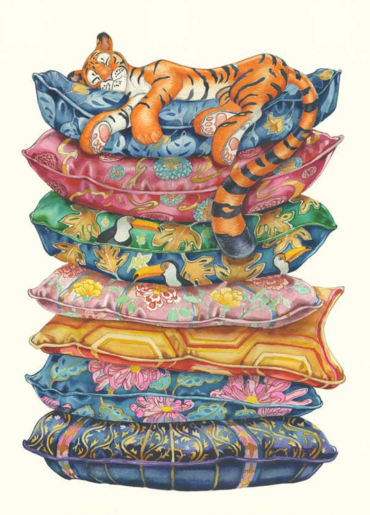 Tiger asleep on a pile of cushions -Greetings Card