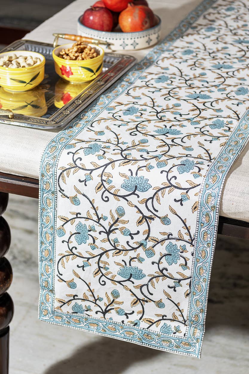 Silver Floral Block Print Table Runner