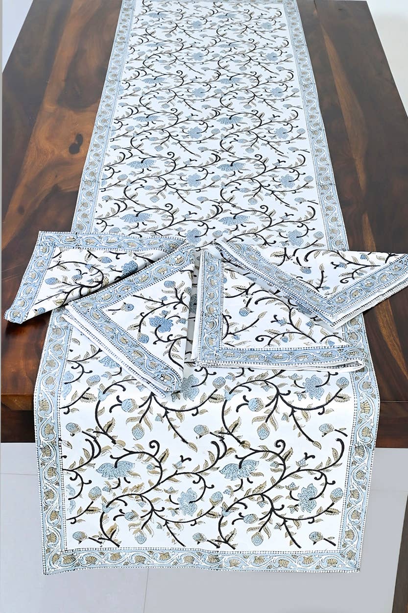 Silver Floral Block Print Table Runner