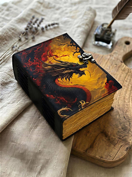 Dragon Leather Journal Lock, Fantasy Fire Dragon Notebook