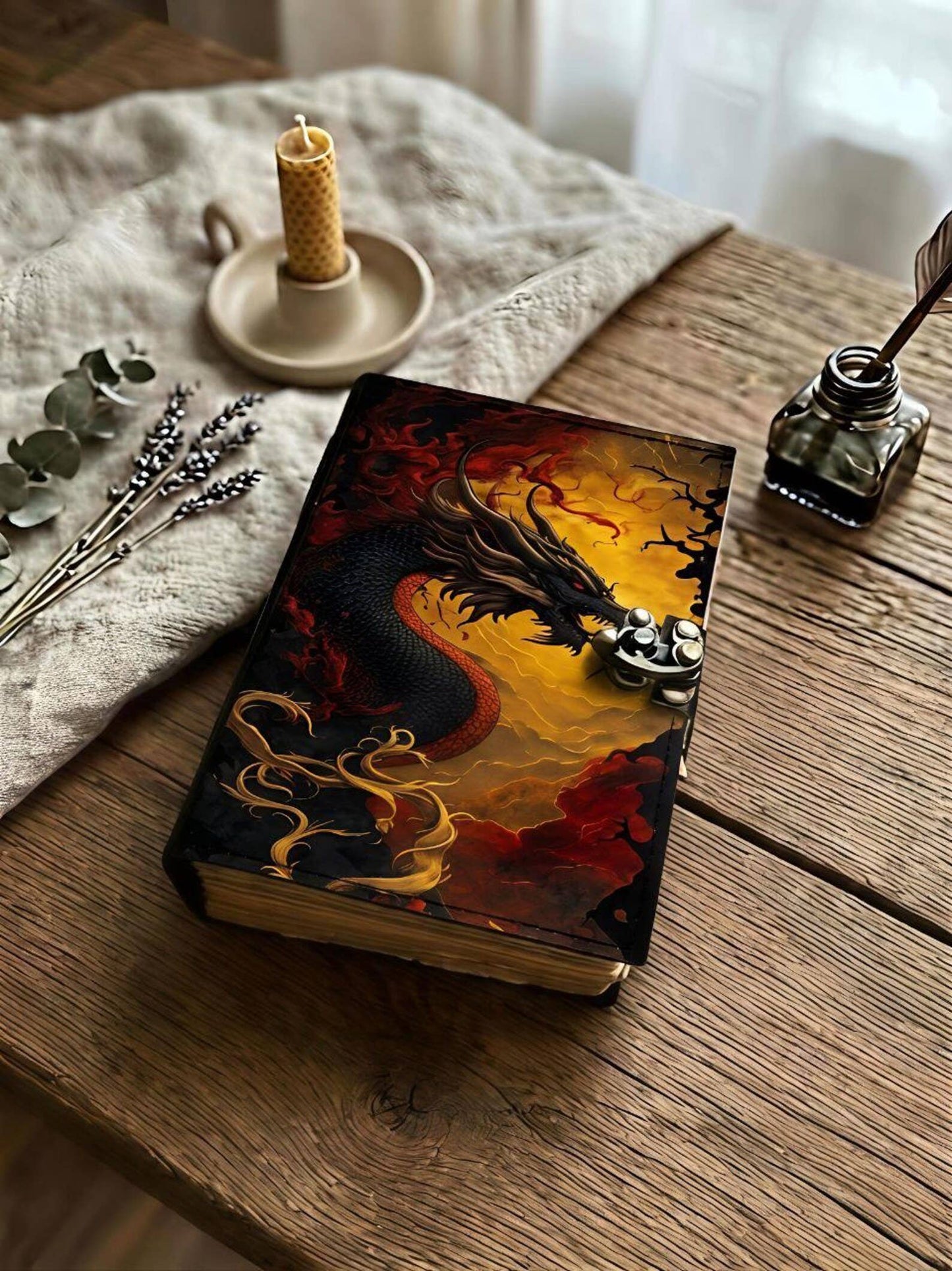 Dragon Leather Journal Lock, Fantasy Fire Dragon Notebook