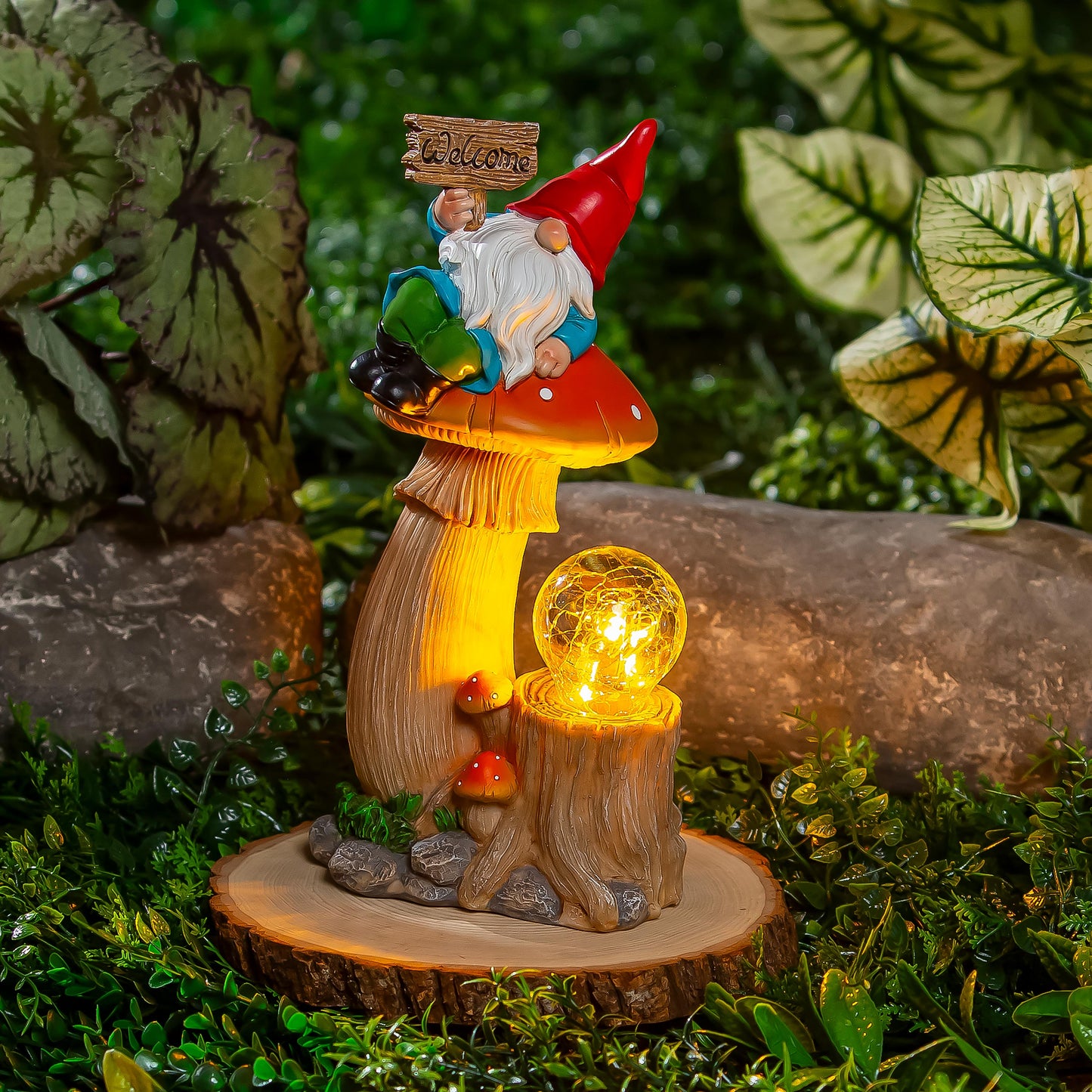 Statue, Gnome On Mushroom 9"H