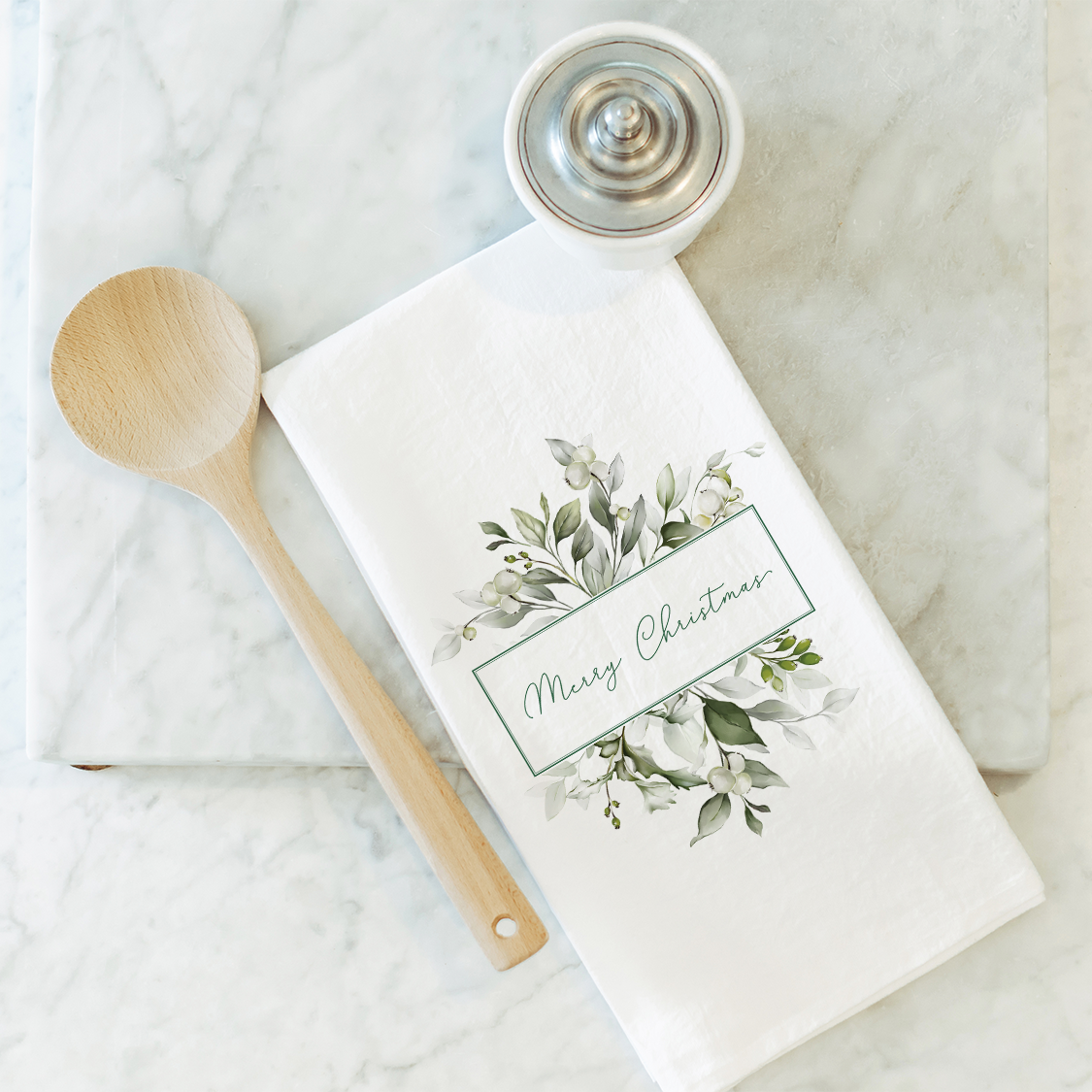 Merry Christmas Greenery Tea Towel: White