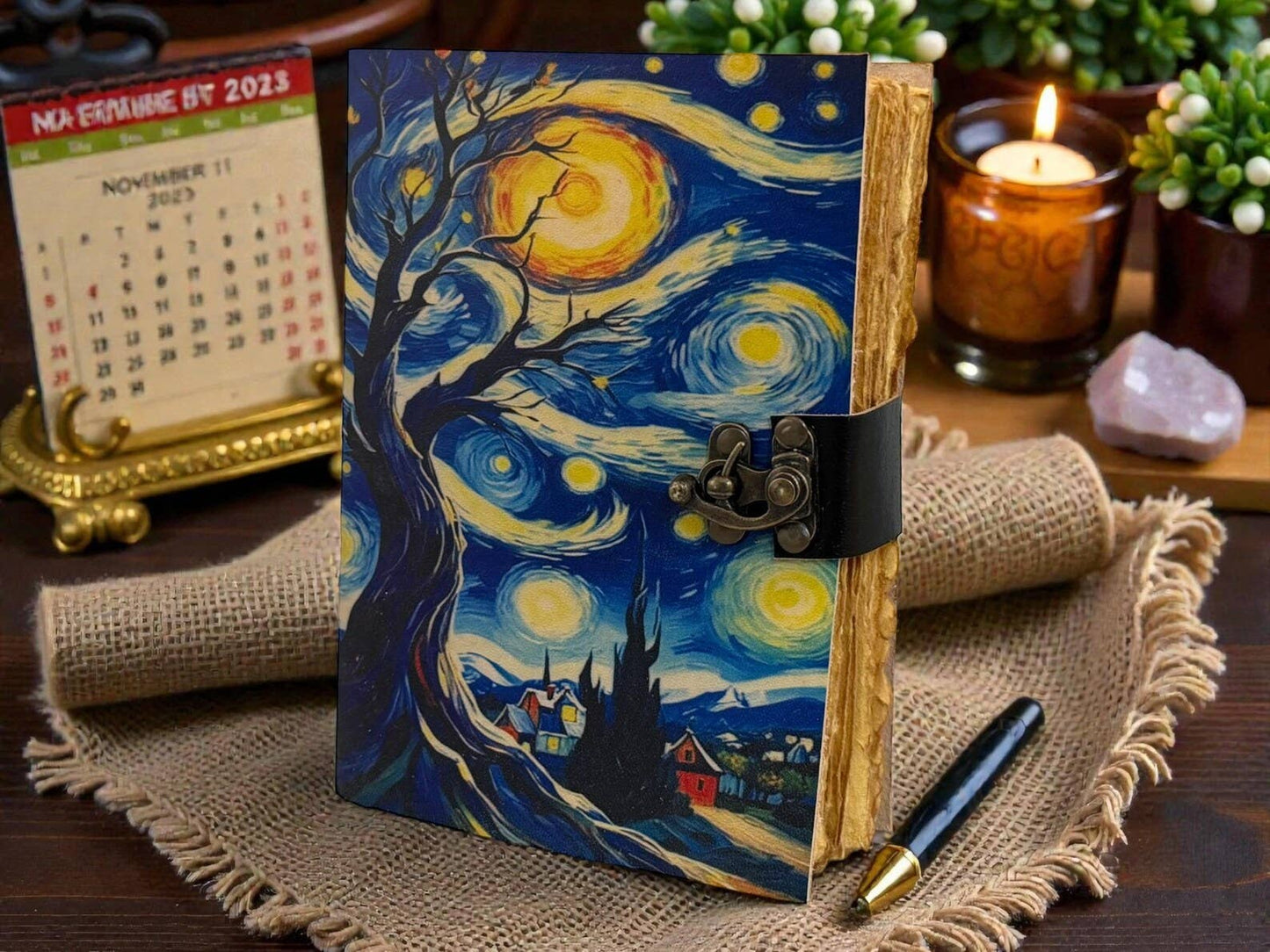 Starry Night Handmade Leather Journal – Grimoire Van Gogh