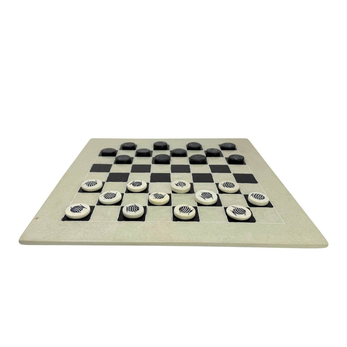 Soapstone Hand-Carved Checker Set with Decorative Fish