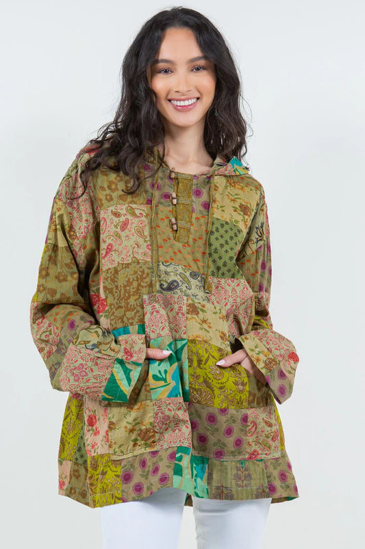 Cotton Patchwork Hoodie Pullover