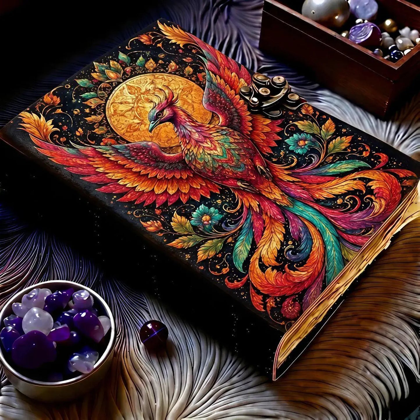 Handmade Phoenix Journal with Lock Rainbow Firebird Grimoire