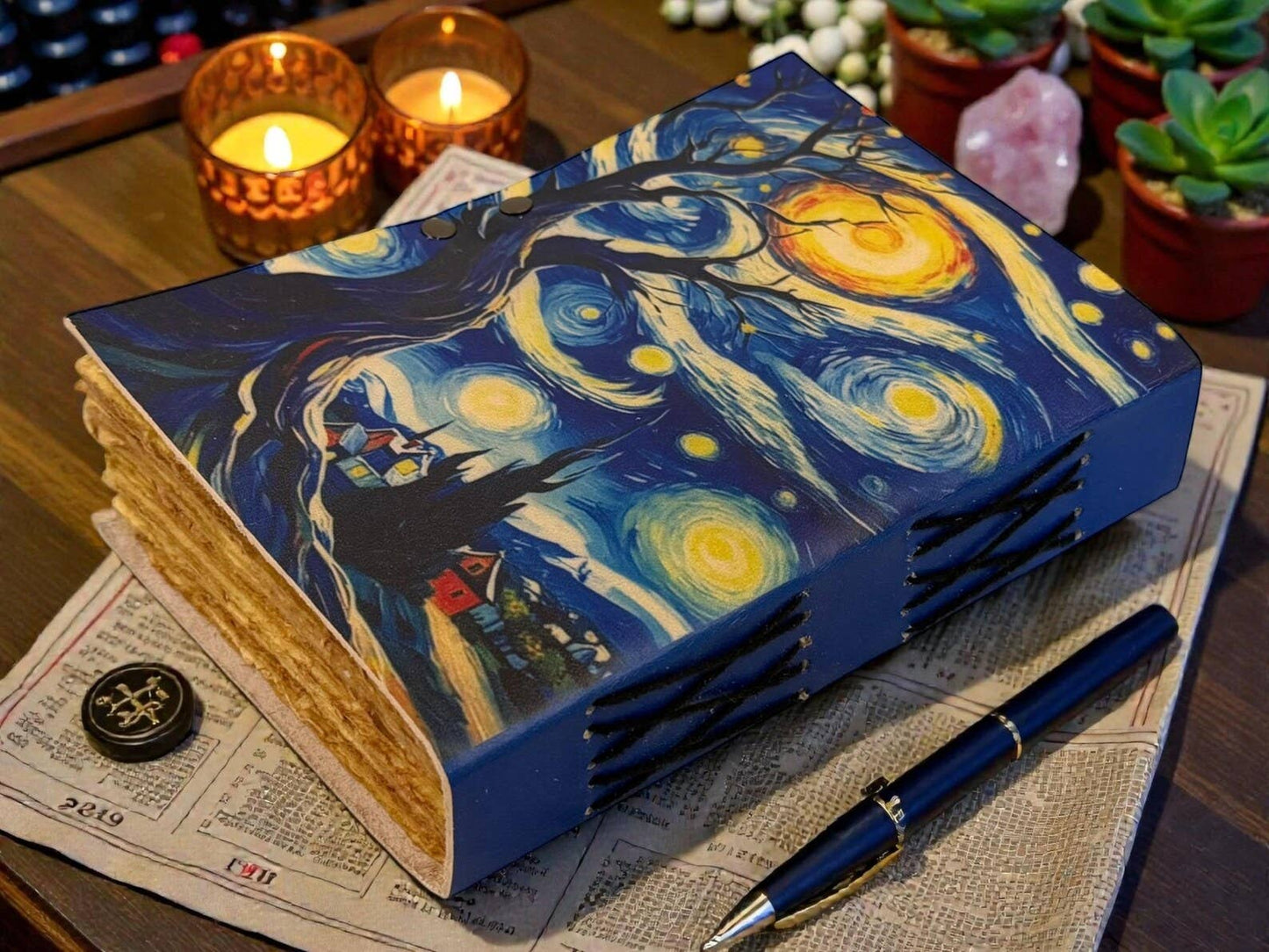 Starry Night Handmade Leather Journal – Grimoire Van Gogh