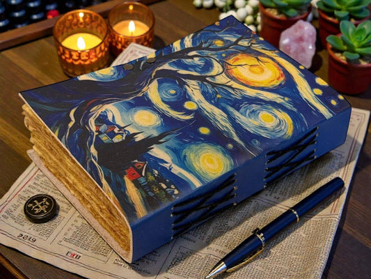 Starry Night Handmade Leather Journal – Grimoire Van Gogh