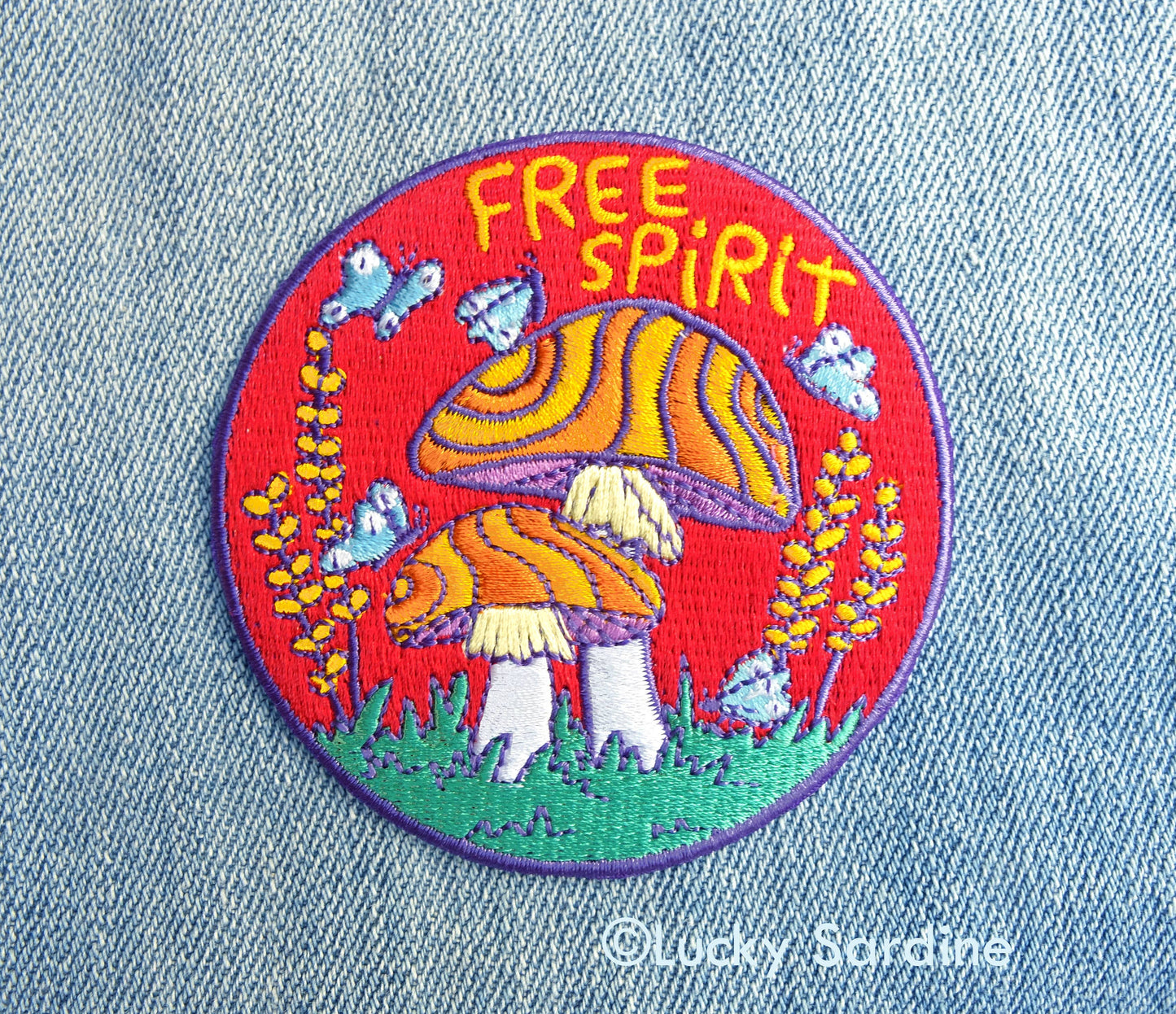 Free Spirit Hippie Mushroom, Retro Embroidered Iron-On Patch