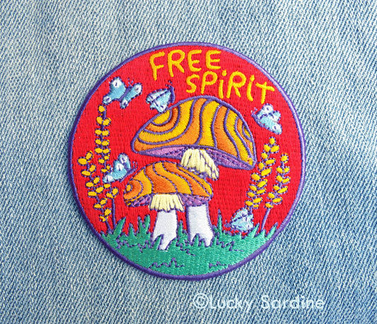 Free Spirit Hippie Mushroom, Retro Embroidered Iron-On Patch