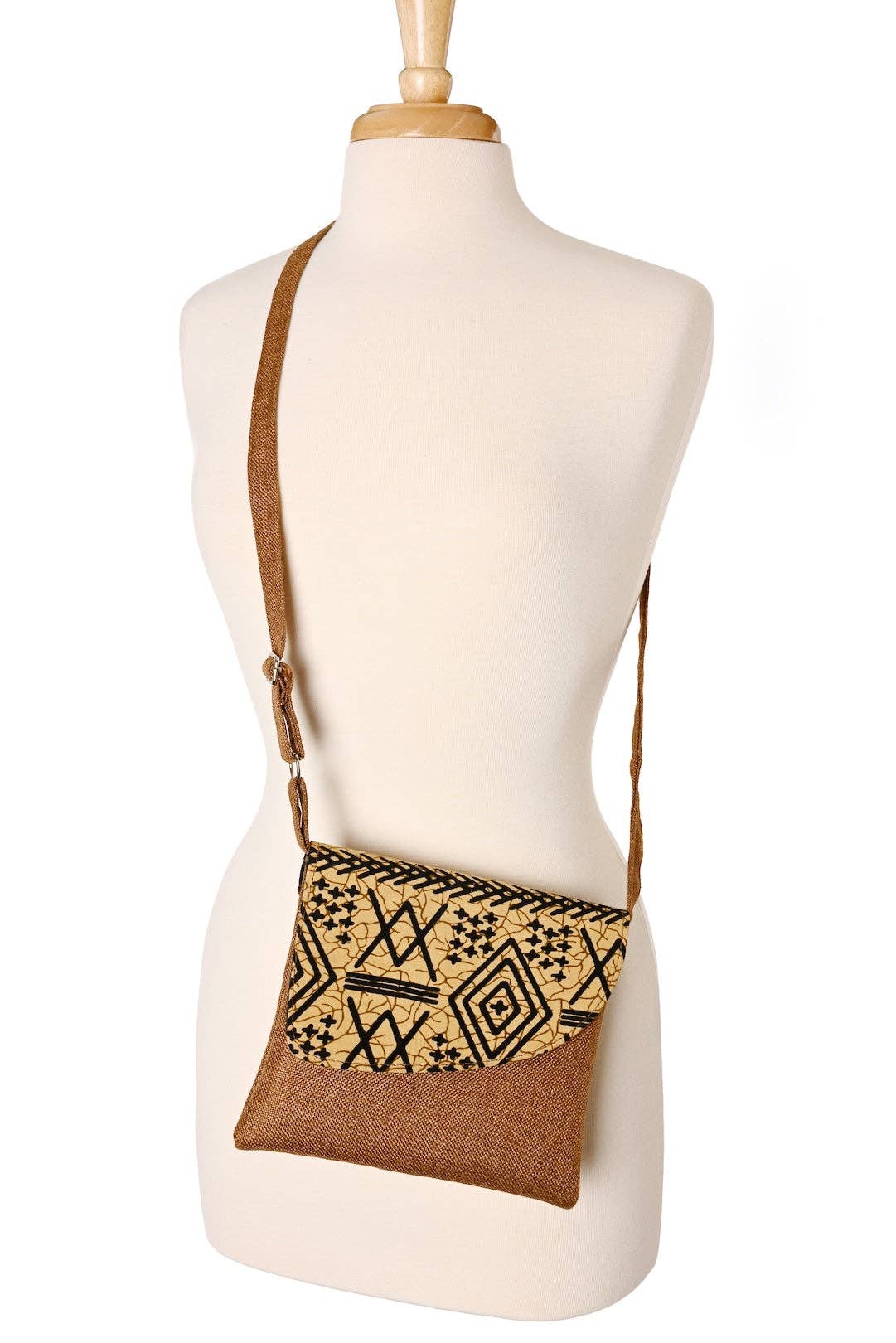 Brown Jute & African Print Crossbody Bag