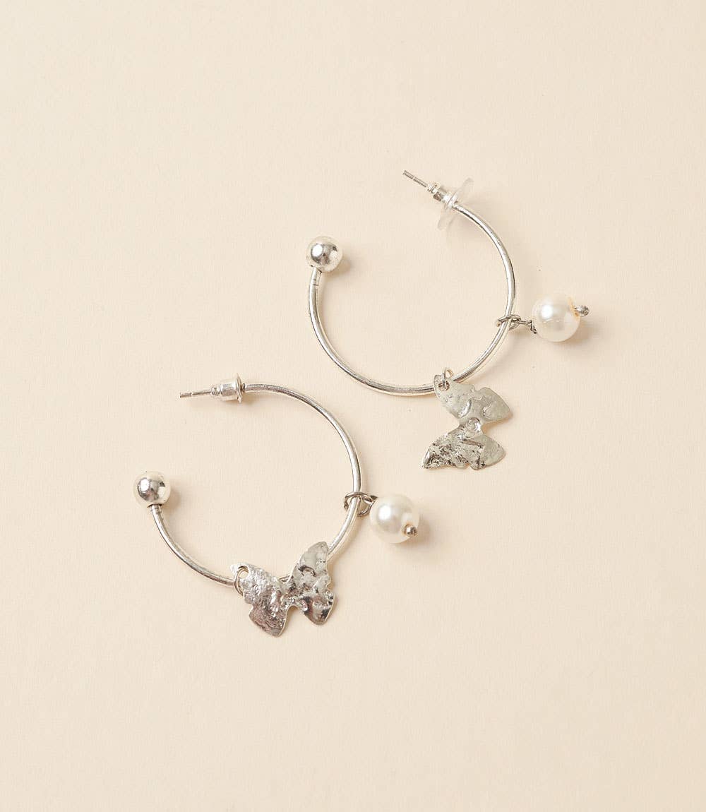 Ishya Butterfly Pearl Silver Hoop Earrings