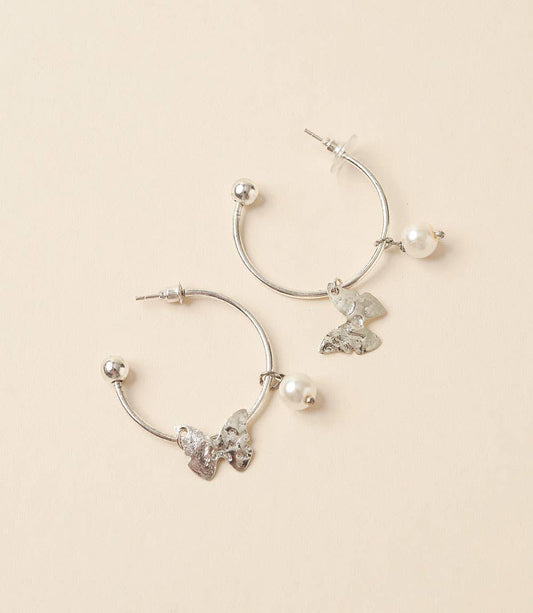 Ishya Butterfly Pearl Silver Hoop Earrings