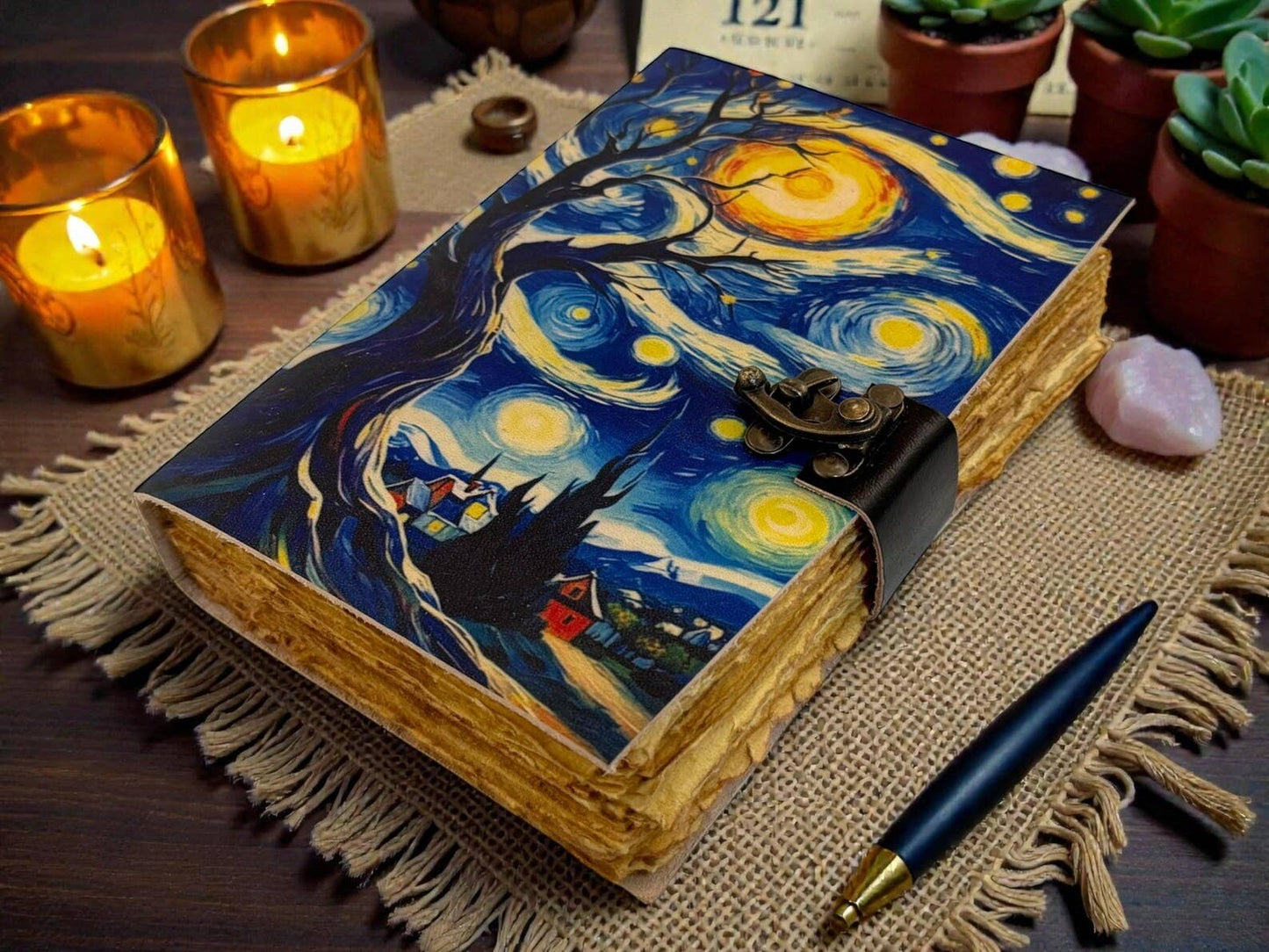 Starry Night Handmade Leather Journal – Grimoire Van Gogh