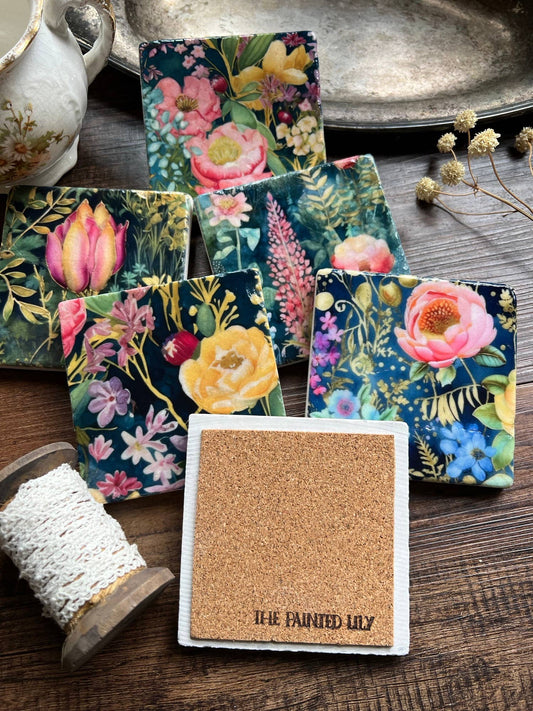 Watercolor Garden Midnight stone coaster