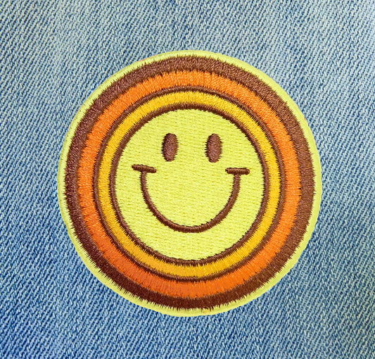 Smiley Face, Retro Sun, Rainbow Embroidered Iron-On Patch