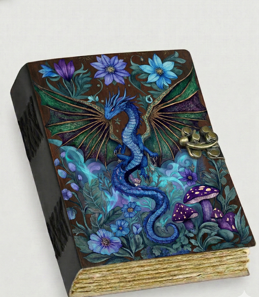 Dragon Grimoire Leather Journal UV Print Spellbook, Handmade: Blue