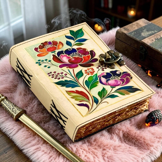 Floral Leather Journal with Lock, Handmade Botanical Diary