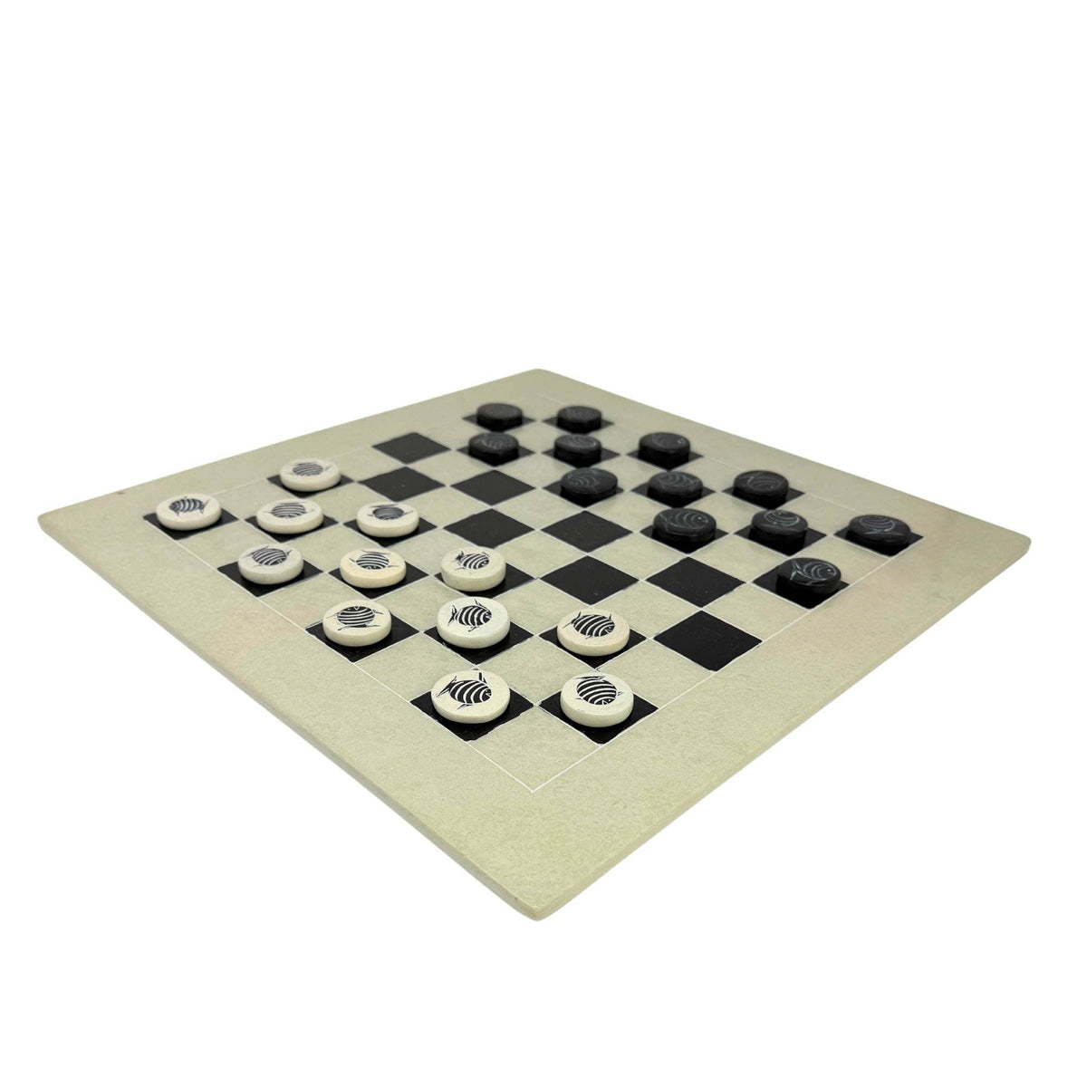Soapstone Hand-Carved Checker Set with Decorative Fish