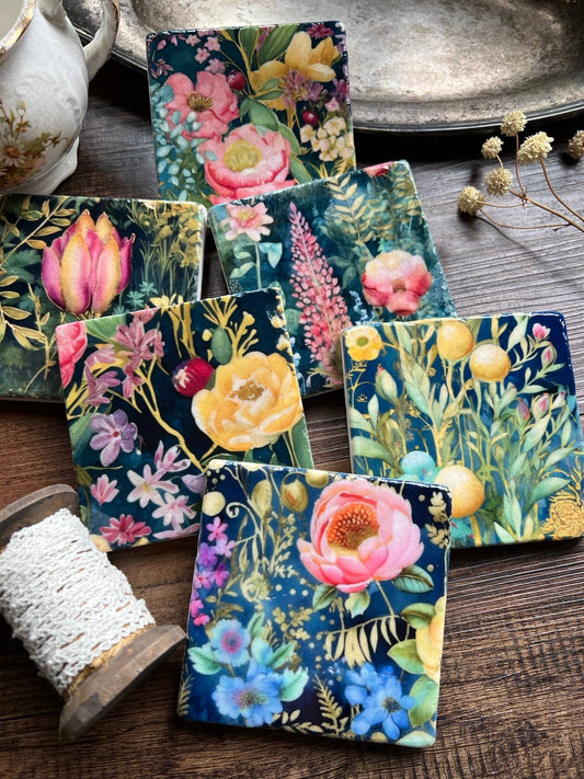 Watercolor Garden Midnight stone coaster