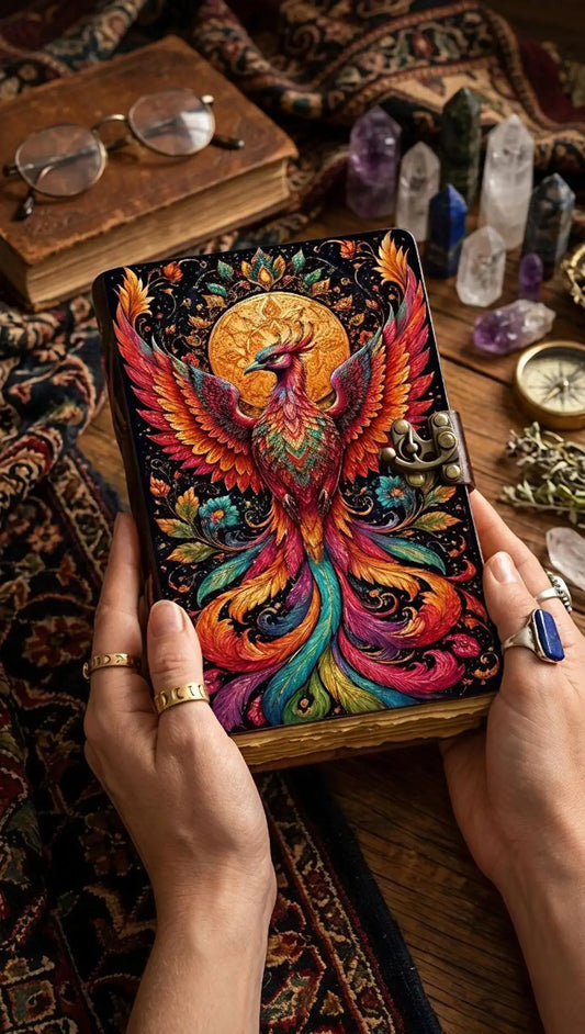 Handmade Phoenix Journal with Lock Rainbow Firebird Grimoire