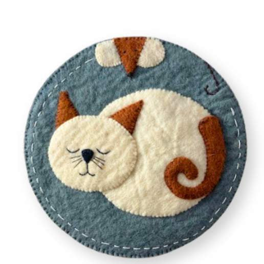 Felted Wool Sleeping Cat Trivet w/ Lurking Mouse, 8" Round