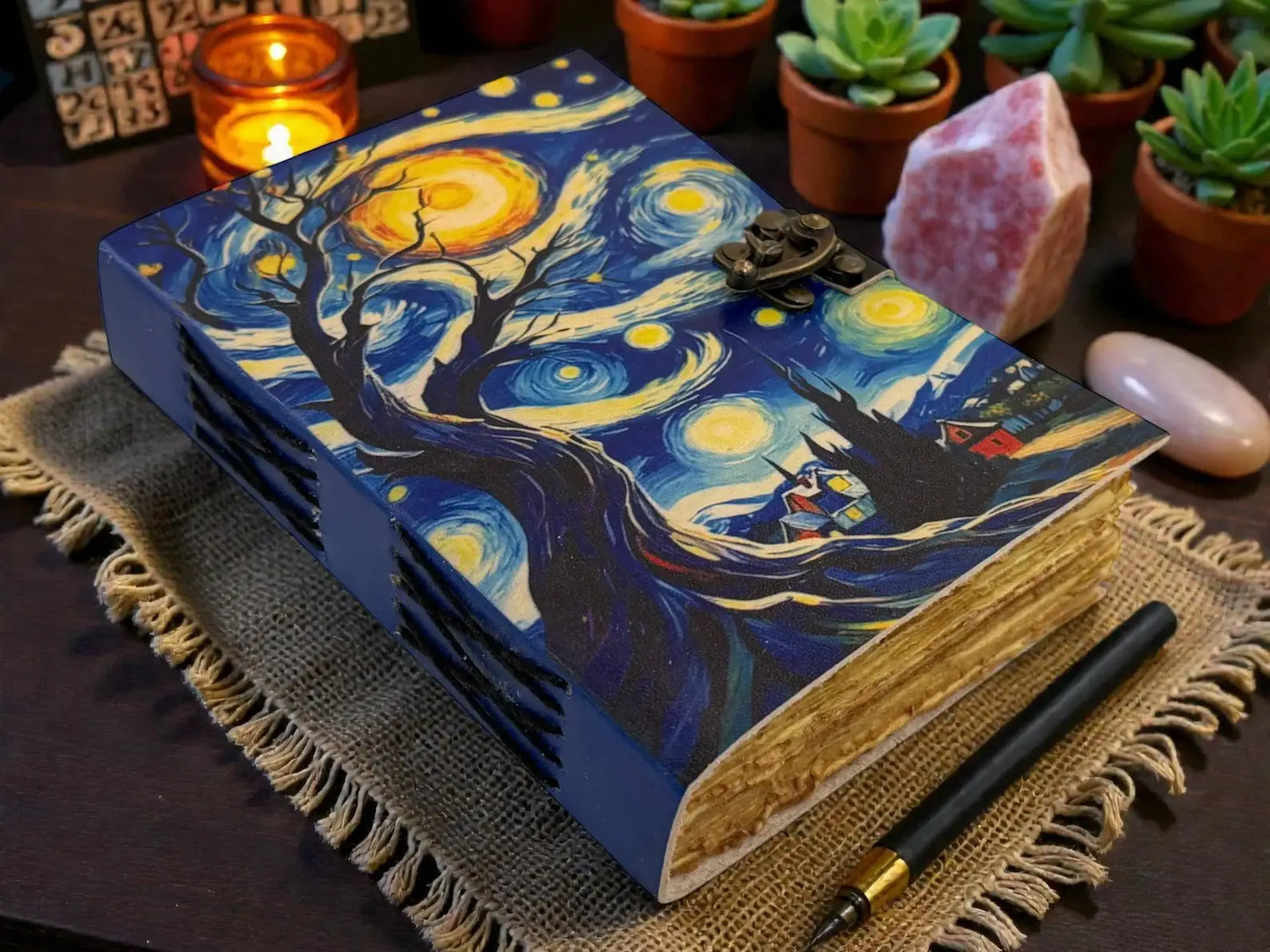 Starry Night Handmade Leather Journal – Grimoire Van Gogh