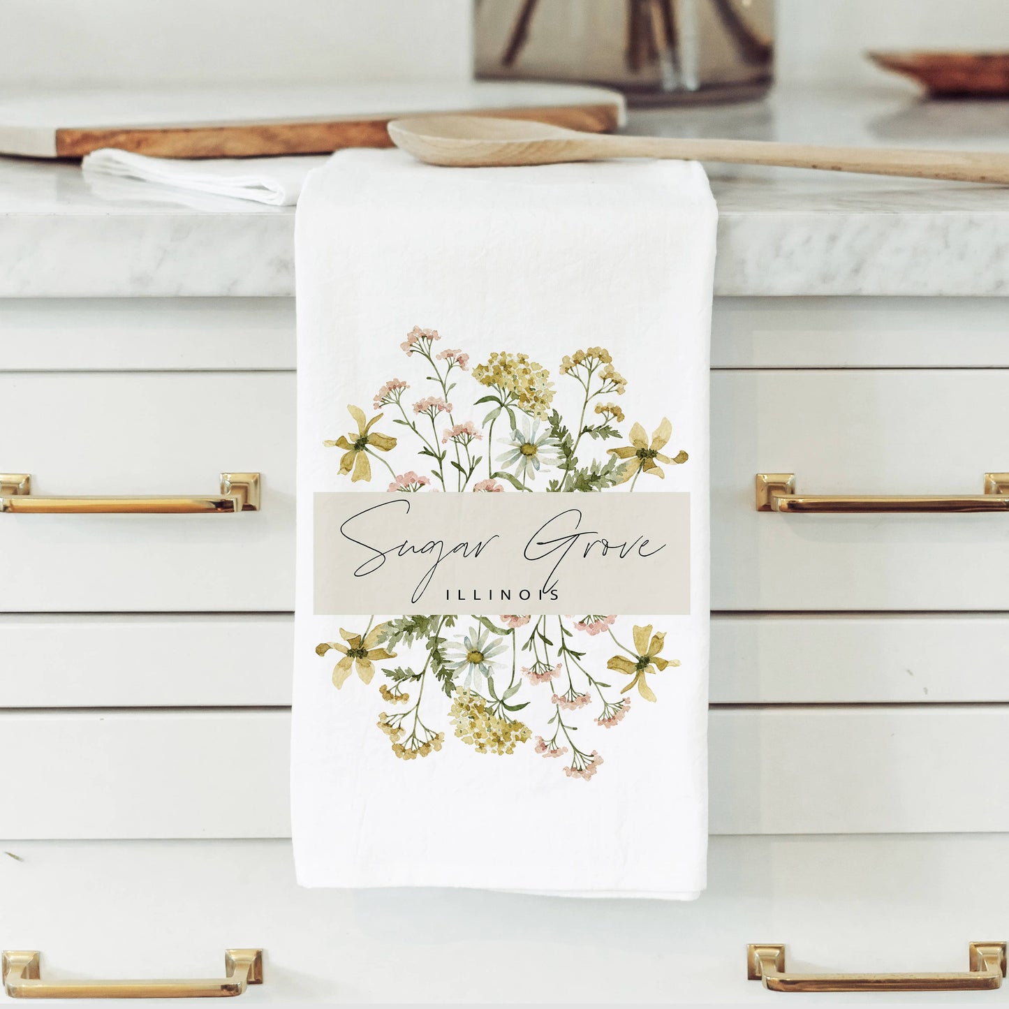 Cedar Falls, Iowa Flower Tea Towel: White • 100% Cotton