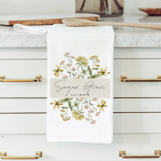 Cedar Falls, Iowa Flower Tea Towel: White • 100% Cotton