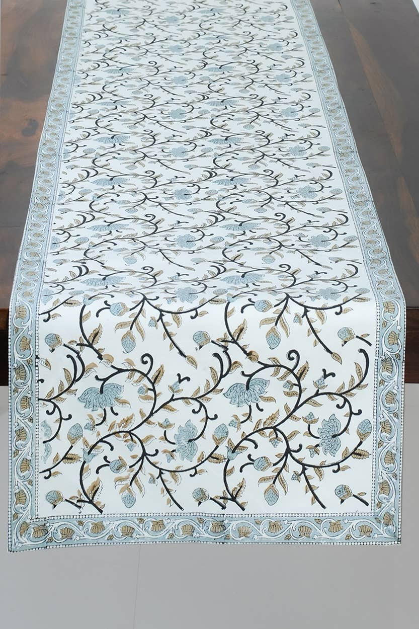 Silver Floral Block Print Table Runner