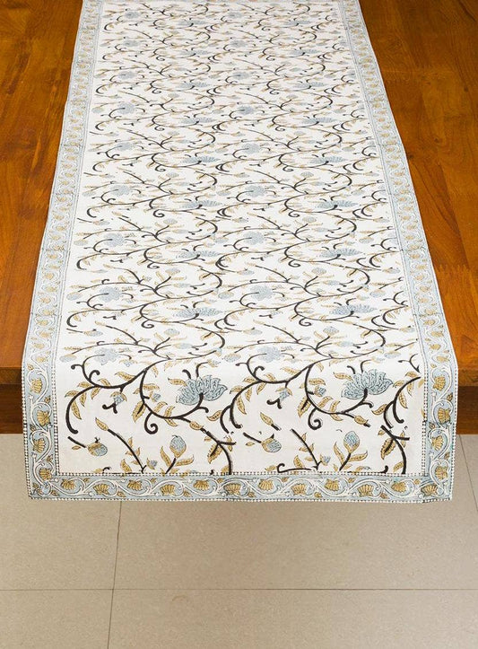 Silver Floral Block Print Table Runner