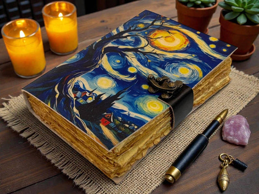 Starry Night Handmade Leather Journal – Grimoire Van Gogh