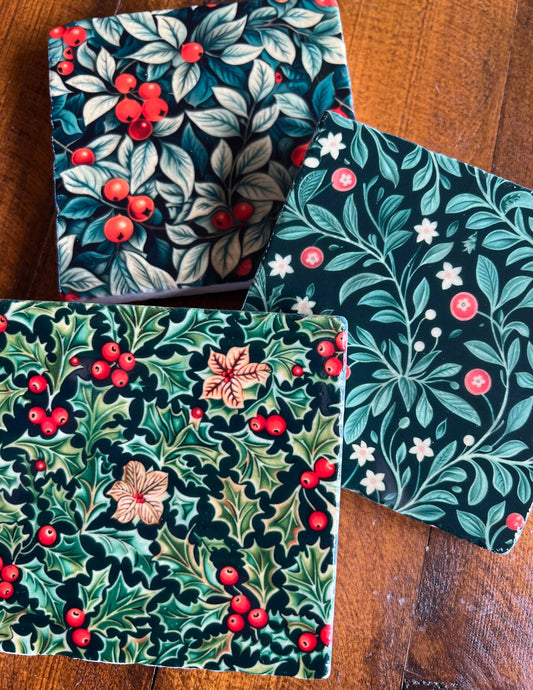 Holiday Holly stone coasters