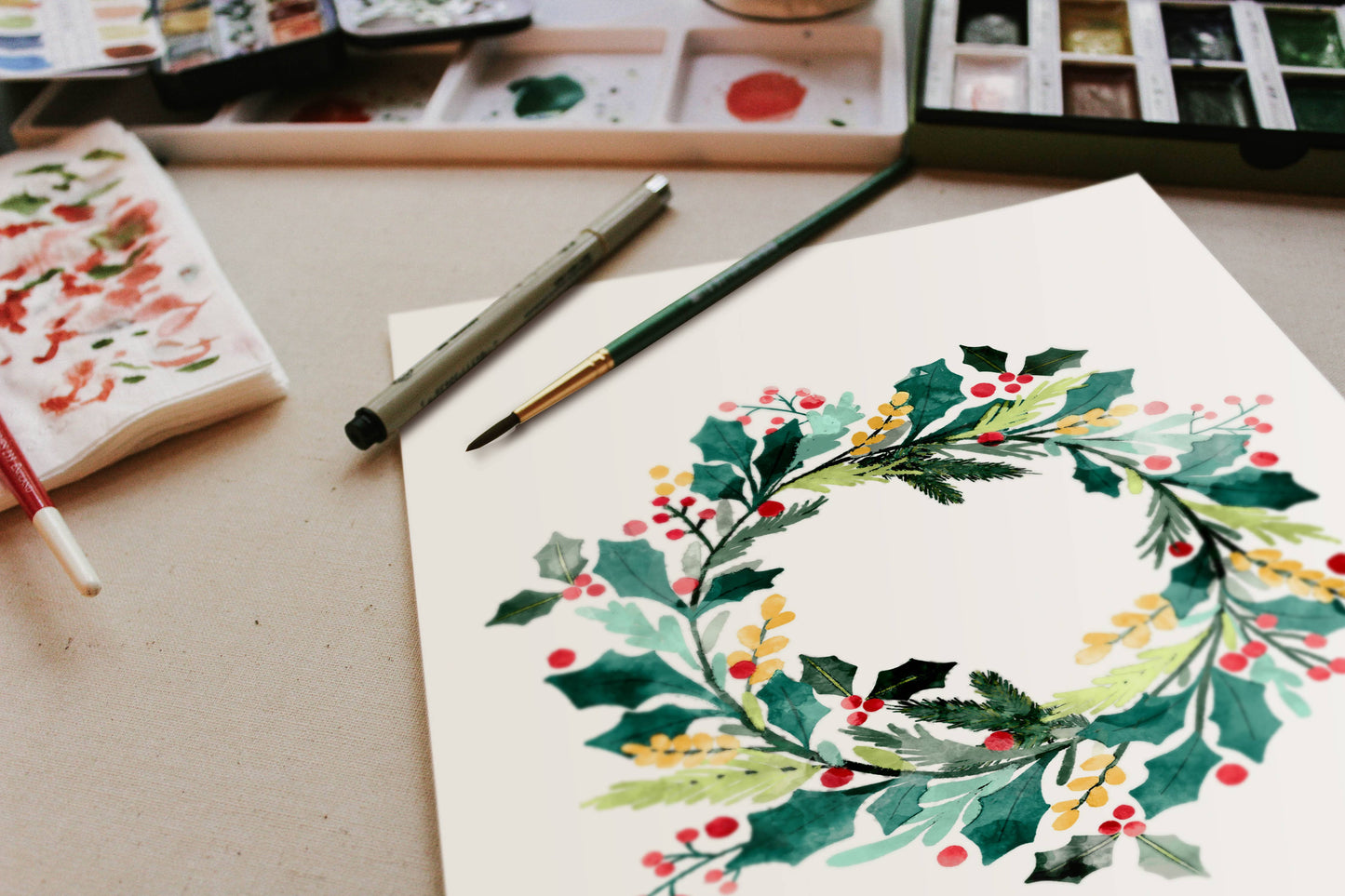 Holly Wreath watercolor painting kit
