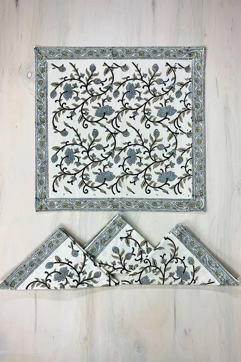 Silver Floral Block Print Napkins - Set of 4