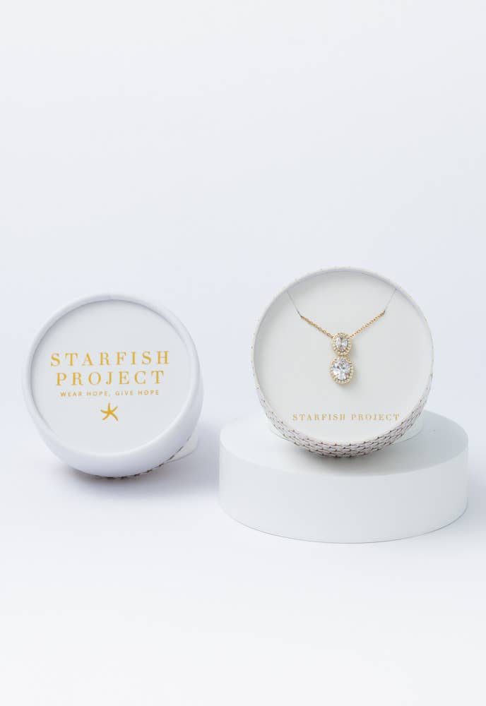 Divine Connection Gold and Zircon Necklace- 14K Gold Plated Dangle Formal Necklace