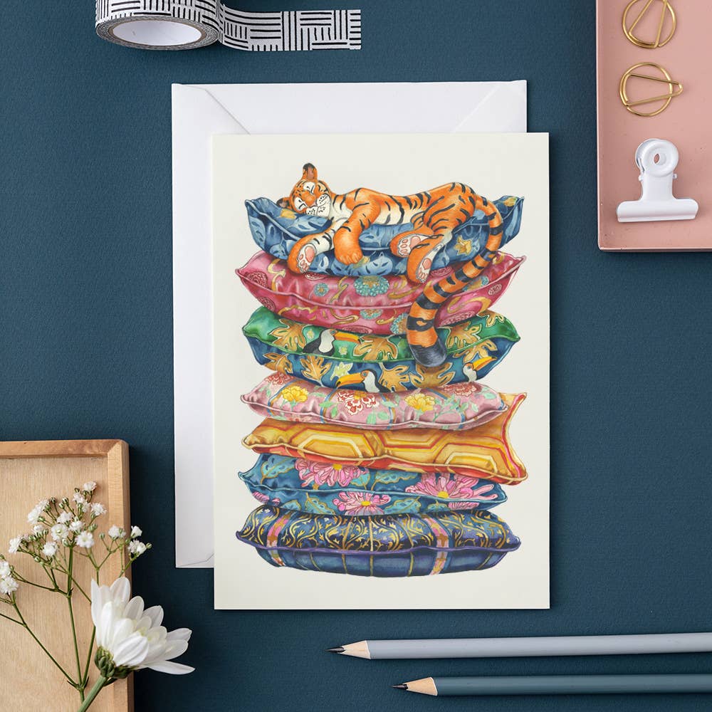 Tiger asleep on a pile of cushions -Greetings Card