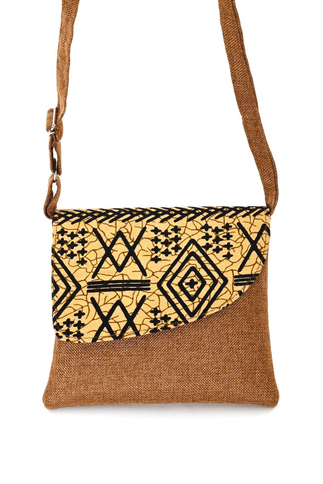 Brown Jute & African Print Crossbody Bag