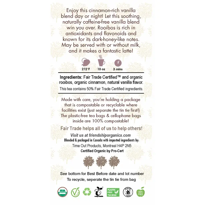 Vanilla Rooibos with Cinnamon Herbal Tea, Organic and Fair Trade Certified Bag