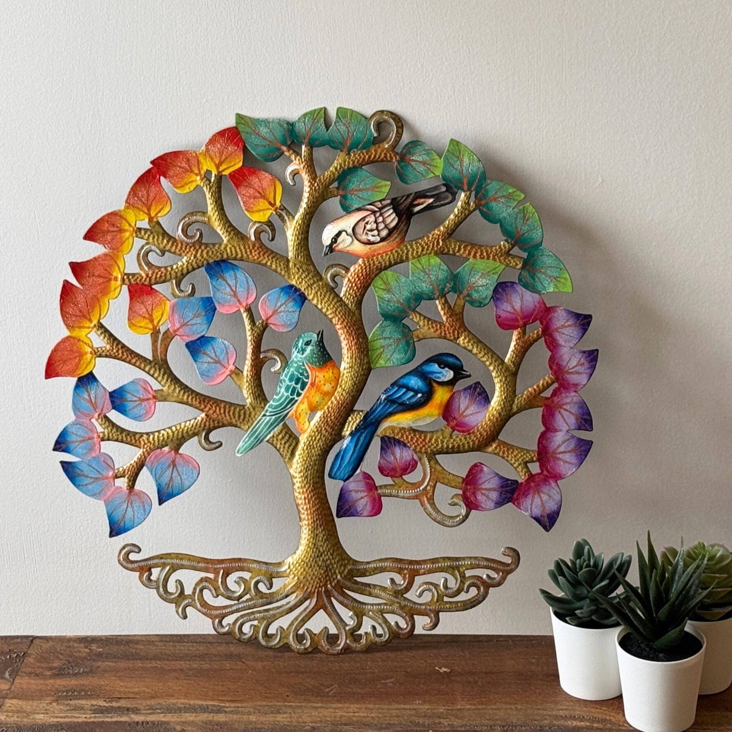 Golden Autumn Tree of Life with Birds Steel Drum Wall Art, 14 inch