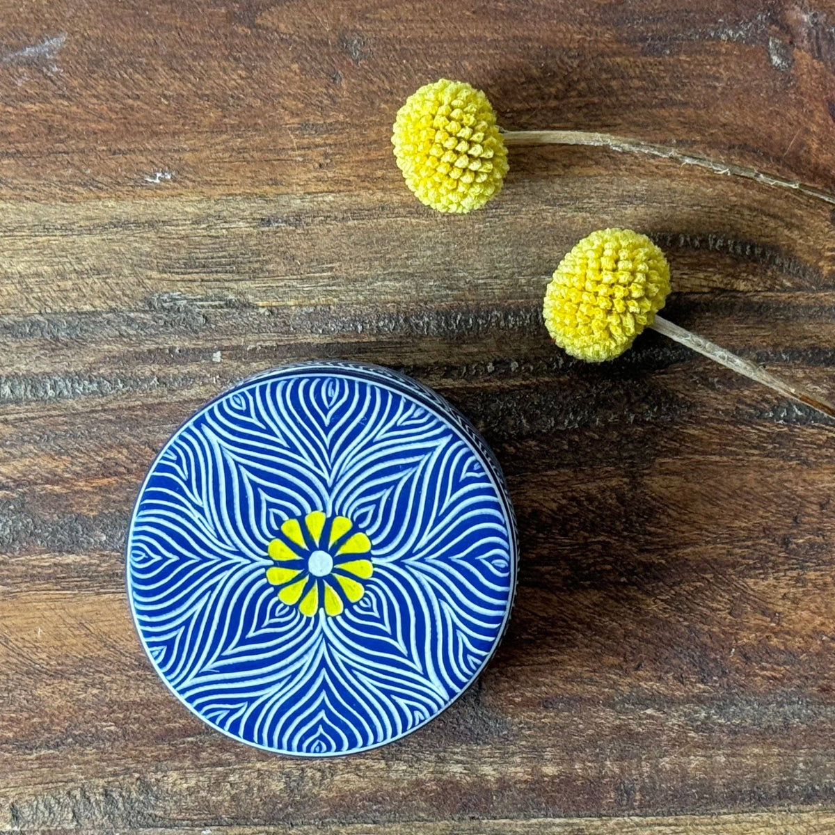 Soapstone Blue Round Box with Yellow Flower Accent