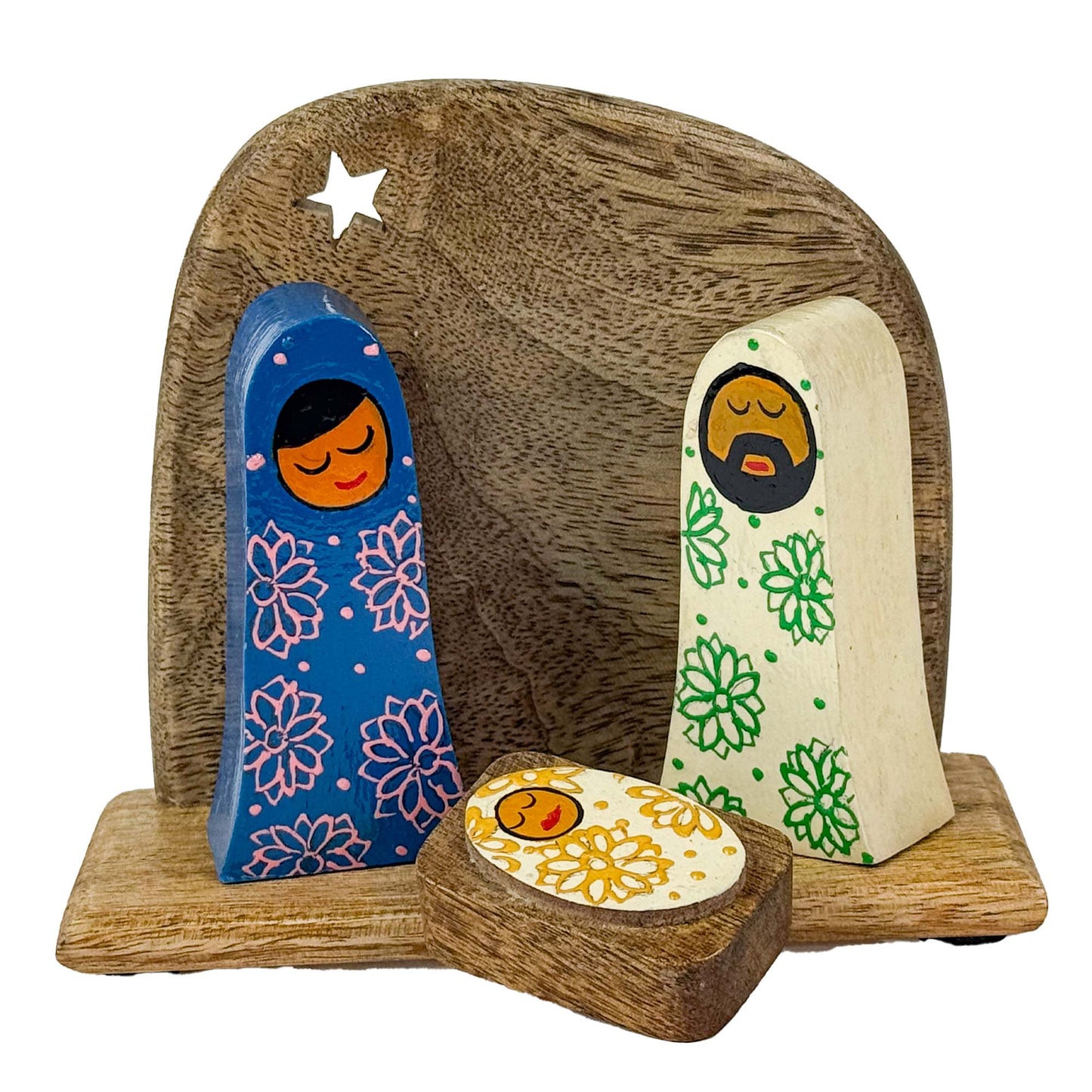 Handpainted Holy Family Mango Wood Nativity Set  (4 pc)