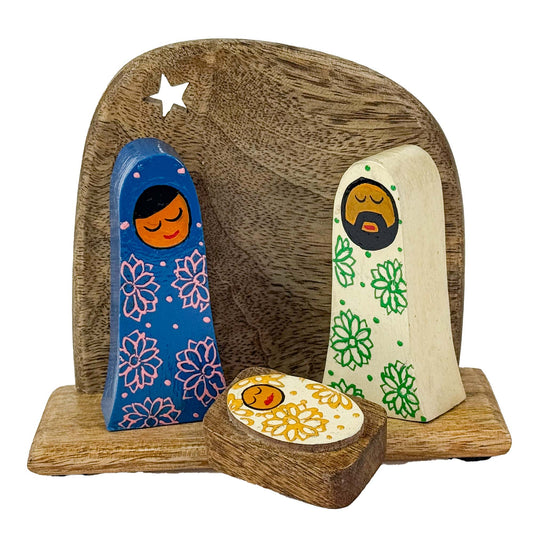 Handpainted Holy Family Mango Wood Nativity Set  (4 pc)