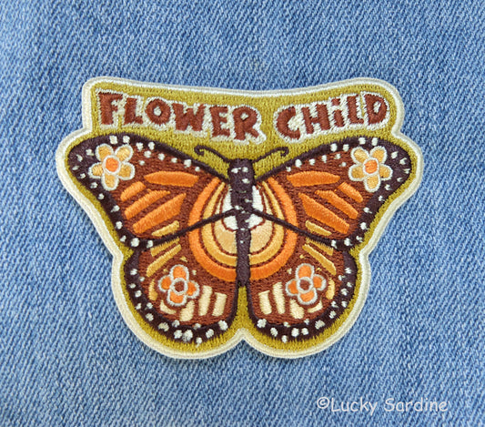 Flower Child Monarch Butterfly, Hippie Embroidered Patch