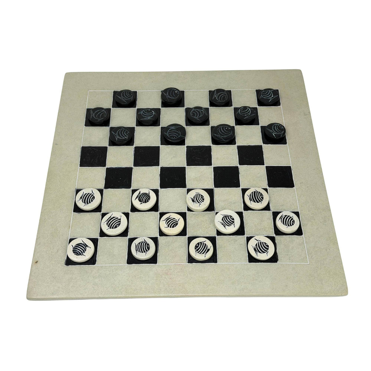 Soapstone Hand-Carved Checker Set with Decorative Fish